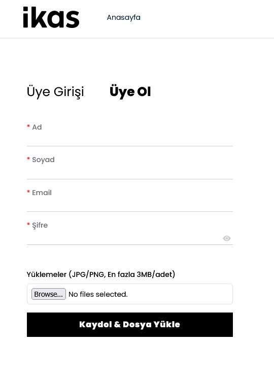 ikas müşteri kaydı ve dosya yükleme ekranı